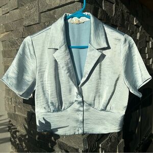 LA Hearts Baby Blue Satin Crop S/S Blouse